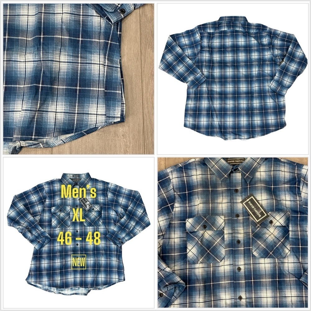 Men's David Taylor XL Western Flannel Shirt Plaid Navy Blue Pocket Long Sleeve